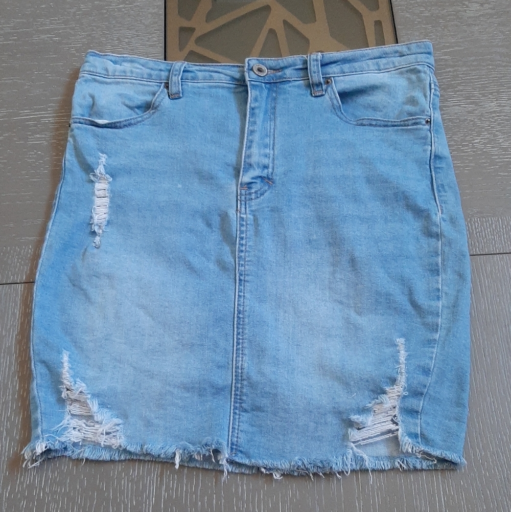 Wax Jean Light Blue Distressed Mini Skirt